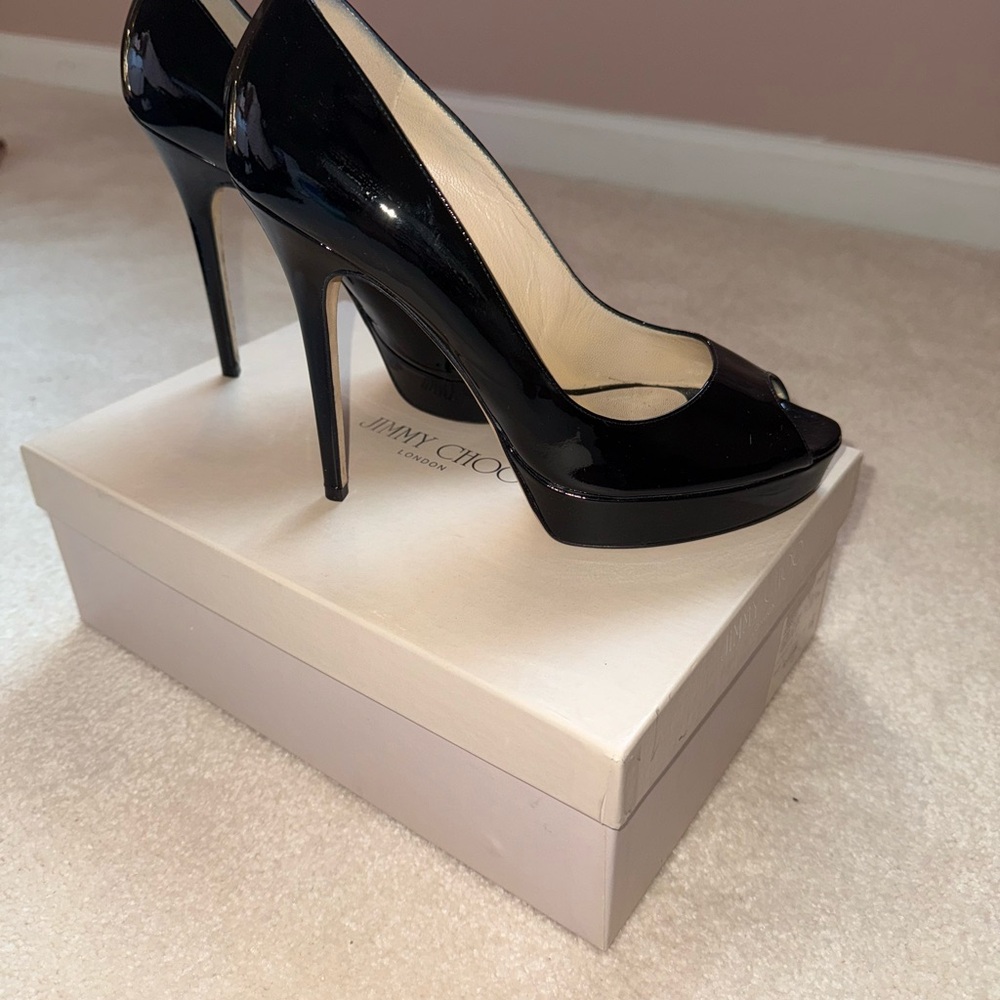 Jimmy Choo “Crown” Black Stiletto Heels with Peep-Toe